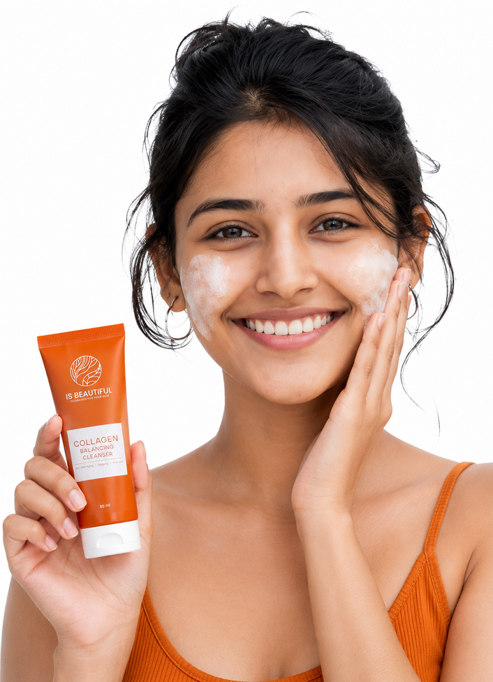 Woman applying collagen balancing cleanser