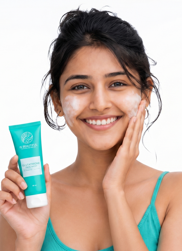 Woman applying collagen balancing cleanser