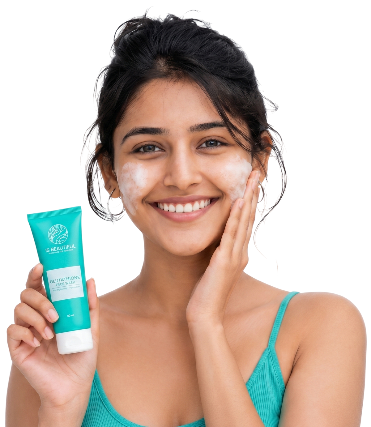 Woman applying collagen balancing cleanser