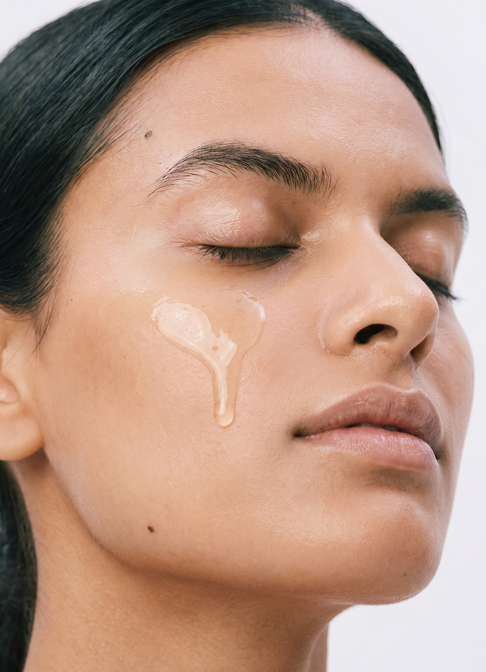 Woman applying collagen balancing cleanser