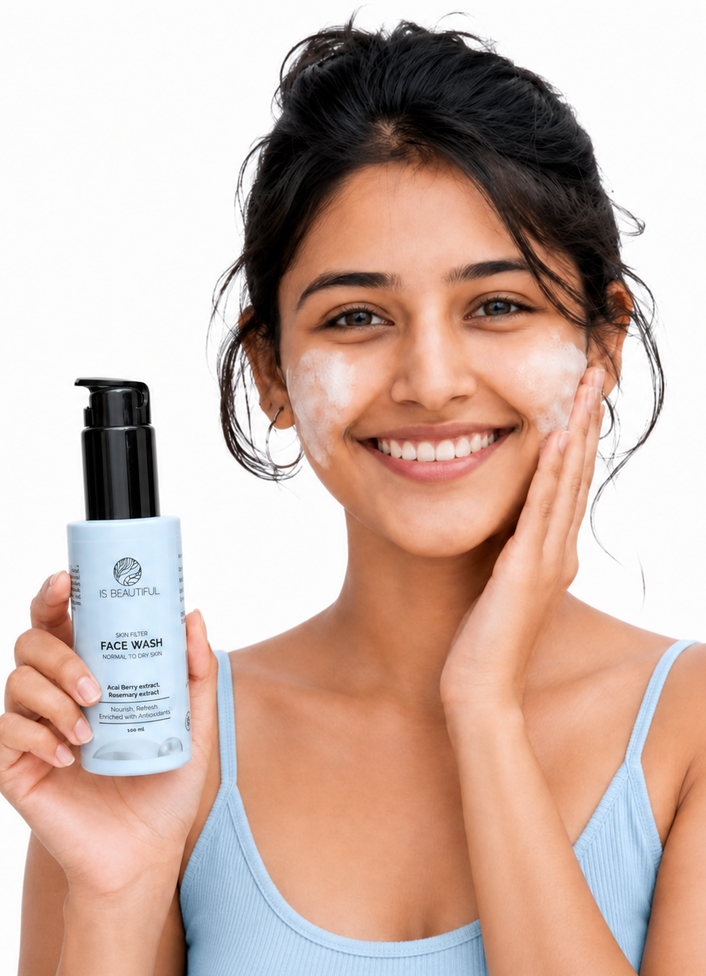 Woman applying collagen balancing cleanser