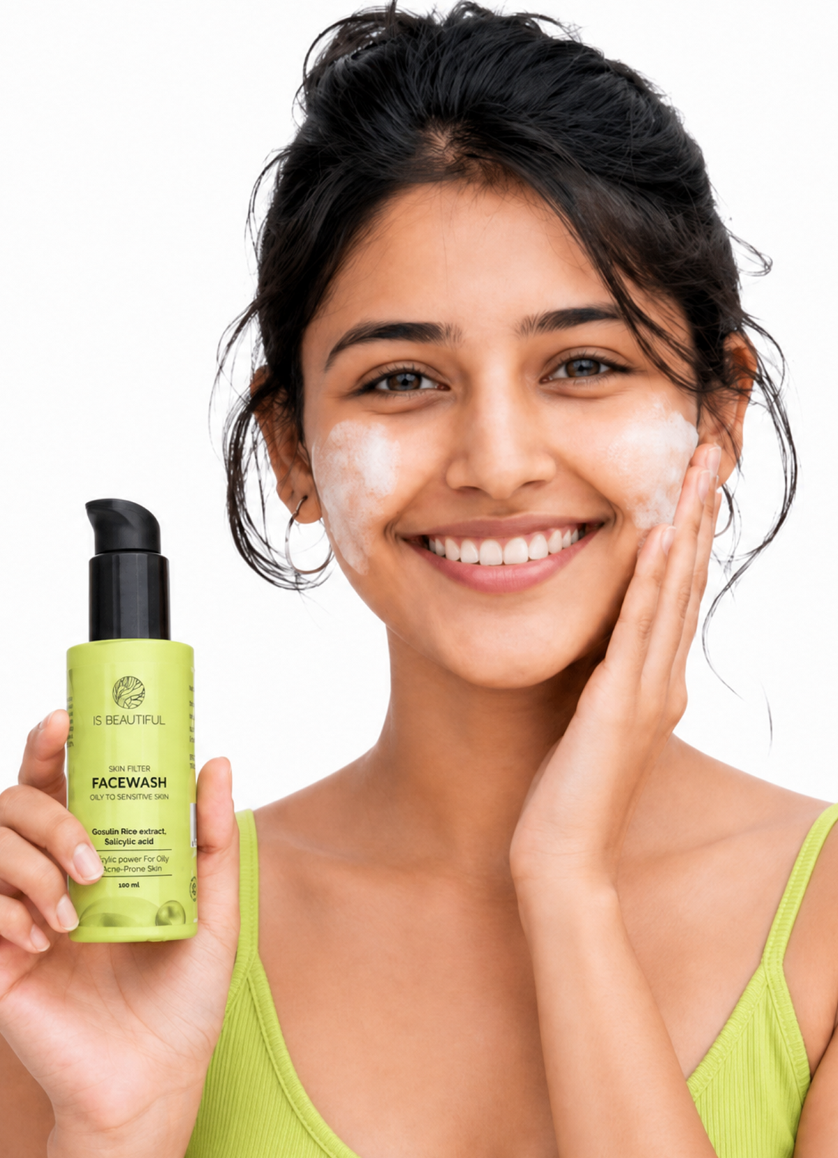 Woman applying collagen balancing cleanser