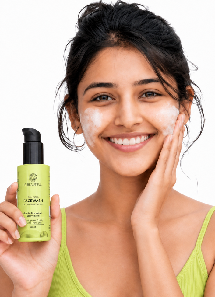Woman applying collagen balancing cleanser